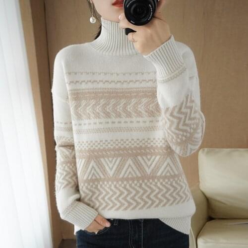 Turtleneck Cashmere Sweater Ladies 2021 New Autumn and Winter All-match 100% Pure Wool Retro Pullover Sweater Western Style