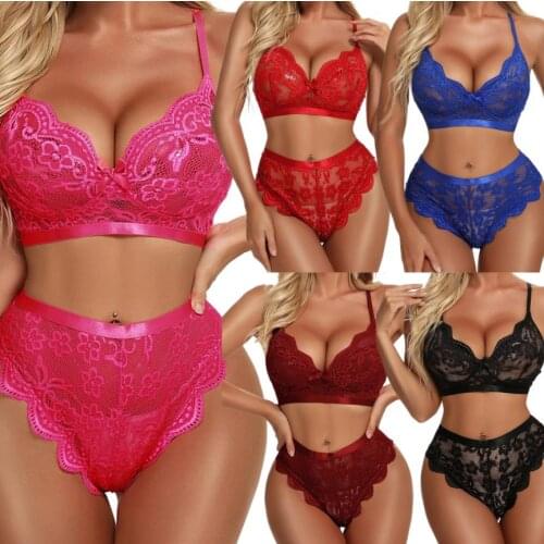 Women Sexy Lingerie Bra High Waist Briefs Lace Decoration Bow Sexy Deep V-neck Summer Clothing