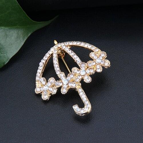 Nature Jewelry Crystal Umbrella Bouquet Brooches Women Gold Color Pin For Clothes Epaulette Shoulder Gift For Girl