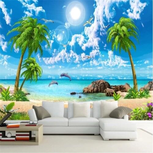 Milofi large wallpaper mural HD beautiful fantasy seascape coconut tree beach landscape painting TV background wall