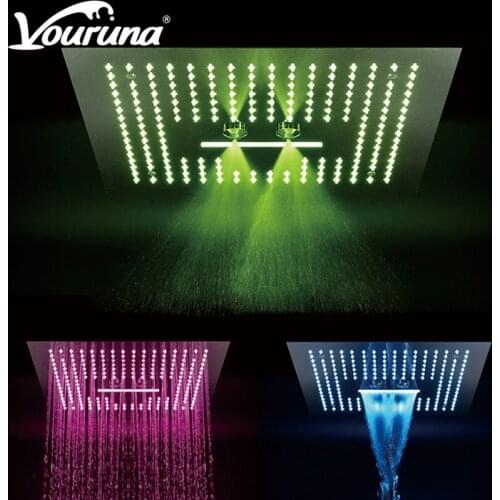 VOURUNA LED Shower Head with Music System 400*400mm Ceiling Mounted Bathroom Showerheads Spa Waterfall Misty SUS304 Chrome Black
