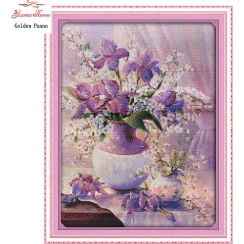 Golden Panno,Purple Vase Counted Cross Stitch 11CT 14CT Cross Stitch flowers Cross Stitch Kits for Embroidery Home Decor 1122