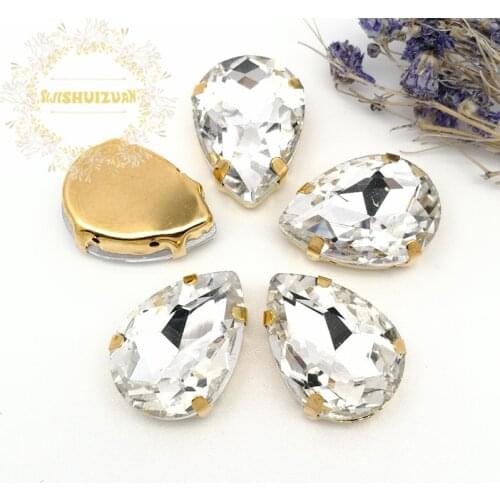 Best-selling White Water drop shape Crystal Glass Sew-on Rhinestones with gold Claw DIY wedding Dresses and Clothes