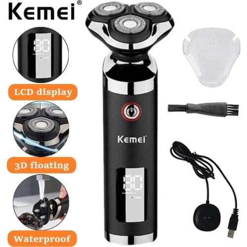Kemei USB Rechargeable Shaver Beard Razor Washable Triple Blade 3D Floating Electric Shaving Razors LCD Men Face Beard Trimmer