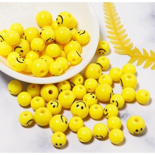 50Pcs 8/10MM Cute Yellow Round Smiley Beads For DIY Making Necklace Bracelet Earrings Jewelry Accessories