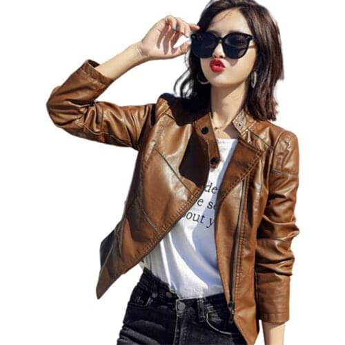 Women Short PU leather Jacket Autumn Winter New Washed Leather Jackets Womens slim body locomotive small Jackets Tooling F1106