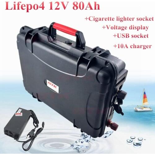 Lifepo4 12V 80AH Battery Pack lithium 80ah for Boat trolling outboard Motor RV Yacht with BMS Cigarette lighter + 10A charger