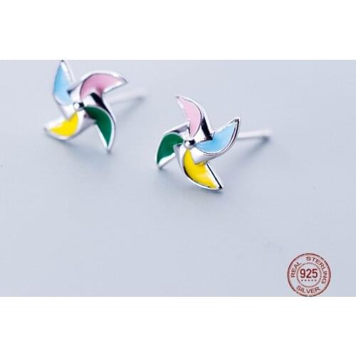LKO 925 Sterling Silver With Colour Windmill Stud Earrings for Women Simple Fashion Wedding Party Jewelry Ornaments Brincos