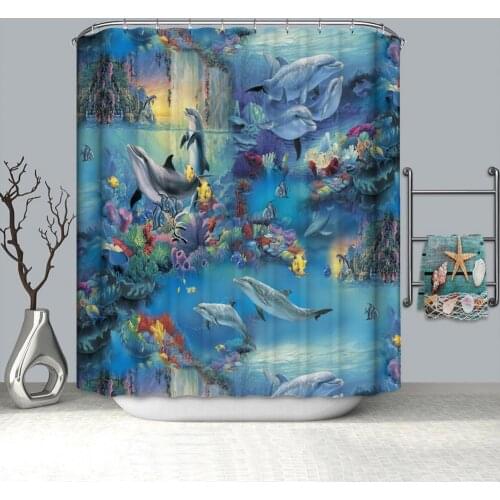 Fashion Ocean Shower Curtain Blue Dolphin Polyester Thick Printed Shower Curtain with Hooks for Bathroom Washable Bath Decor