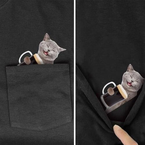 Like drink Beer cat cartoon Printed In Pocket T Shirt Black Cotton Men Fashion Short sleeve Tshirts Unisex Summer Cotton t shirt