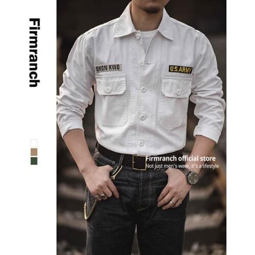 Firmranch 2021 New Mens Long Sleeve White/Khaki/Army Green Military Shirt American Vintage Shirt Retro Work Shirt Motorcycle