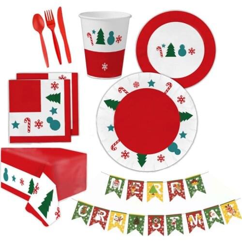 Christmas Disposable Dinnerware Set Party Supplies Tableware Paper Plates Napkin Straw Xmas Home Decorations Tablecloth