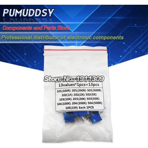 13kinds*1PCS=13PCS 3296W adjustable potentiometer Kit hjxrhgal contains 100R 200R 500R 1K 2K 5K 10K 20K 50K 100K 200K 1M