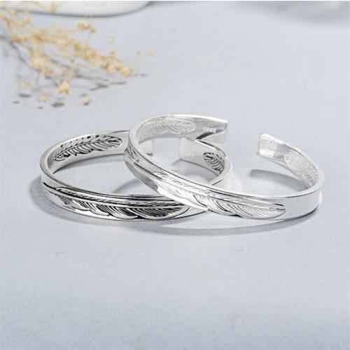 New Exquisite Fashion Sweet Feather Bracelets 925 Sterling Silver Jewelry Personality Letter Couples Opening Rings SB198
