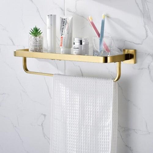 Bathroom Shelf 304 Stainless Steel & Glass Bath Shower Shelf Brushed Gold Bath Shampoo Toothbrush Cup Holder Wall Mounted