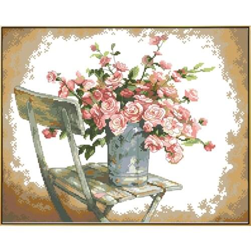 Roses on White Chair Cross Stitch Patterns Kits Printed Canvas Embroidery Needlework Sets 11CT 14CT DIY Sewing Crafts Home Decor