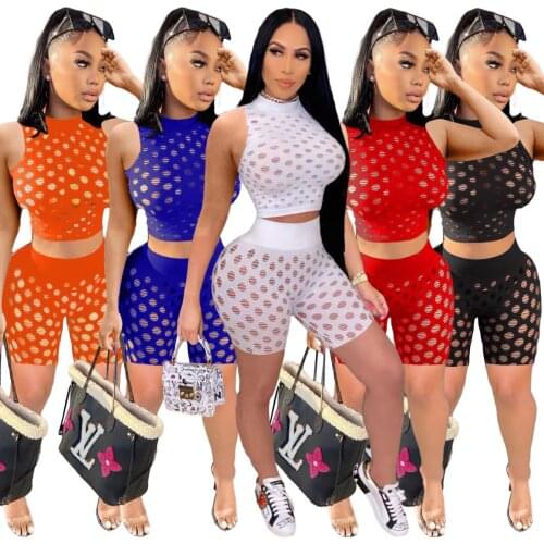 S-2XL 2021 two piece set women summer clothing fashion sexy solid Hollow out perspective Slim sleeveless Short outfits Wholesale