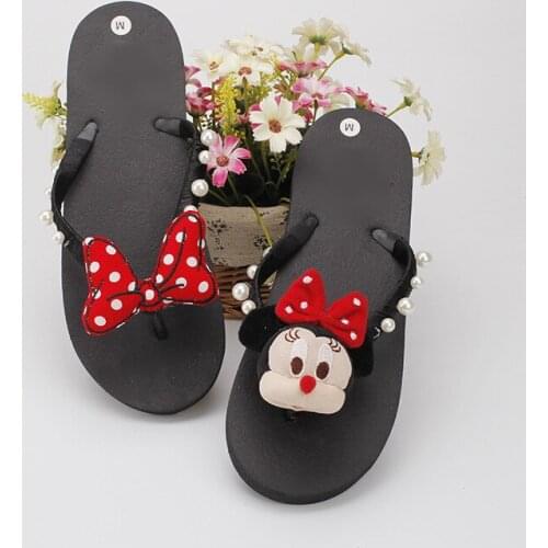 Disney new cartoon girl flip flops hand-stitched beads Minnie bow decoration non-slip flat bottom DIY casual slippers