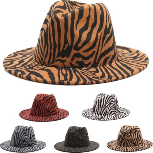 2020 winter fedora hats for women fashion Flat wide Brim Wool Felt Jazz zebra Hats for men Leopard goth top wedding Hat