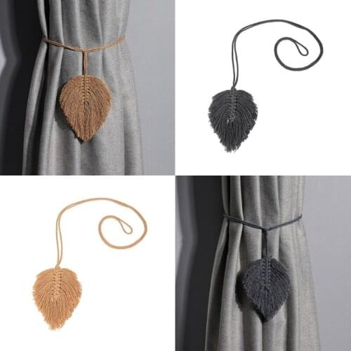 Nordic Handmade Window Curtain Tieback Holder Rope Bohemian Leaf Tassel Wooden Beads Drapery Holdback Clip Strap Decor