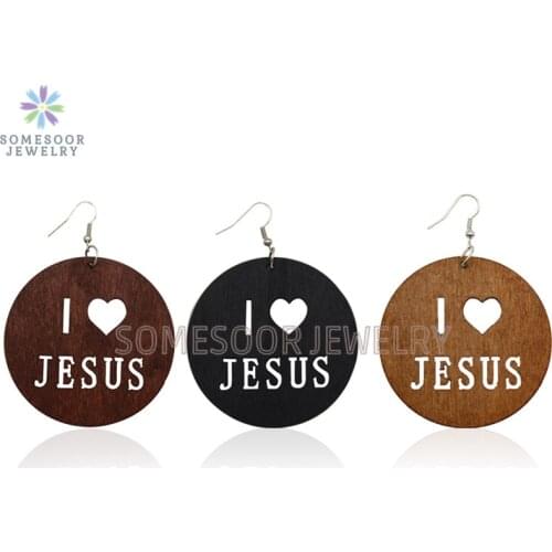 SOMESOOR Laser Engraving I Love JESUS African Wooden Drop Earrings Wholesale Women Loops Dangle Jewelry For Christian Gifts