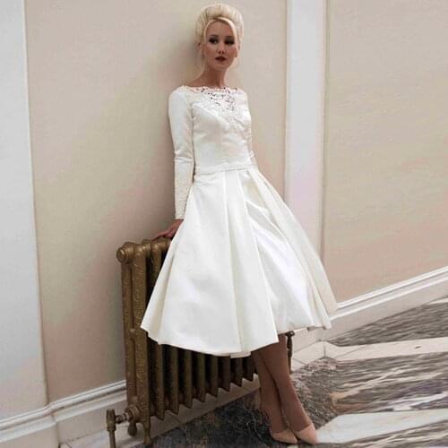 Vestido de noiva robe de mariage Bateau Bateau Long Sleeve Wedding Gowns 2015 Cheap Short Wedding Dresses With Covered Buttons