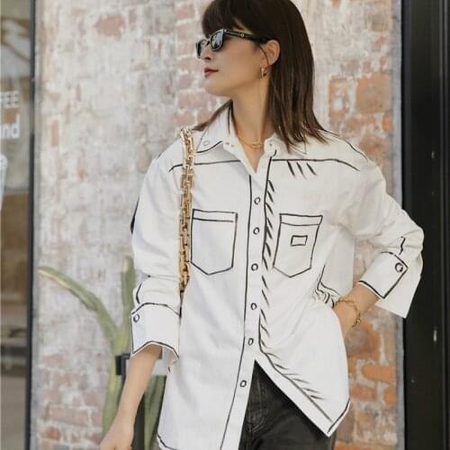 Graffiti White Long Sleeve Women Top And Blouse Button Up Collar White Shirt Casual Designer Top 2020 Fashion