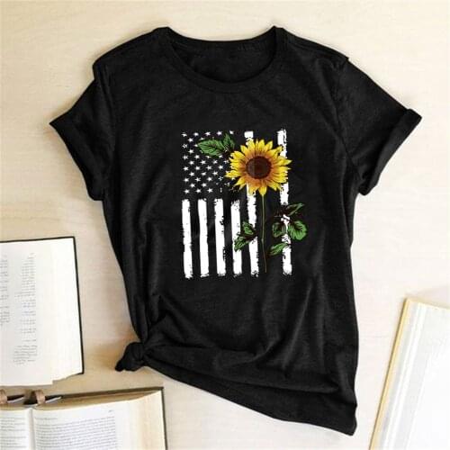 Sunflower American National Flag Printed T-shirts Women Summer Graphic Tees Women Aesthetic Tops for Teens Casual Ropa Mujer