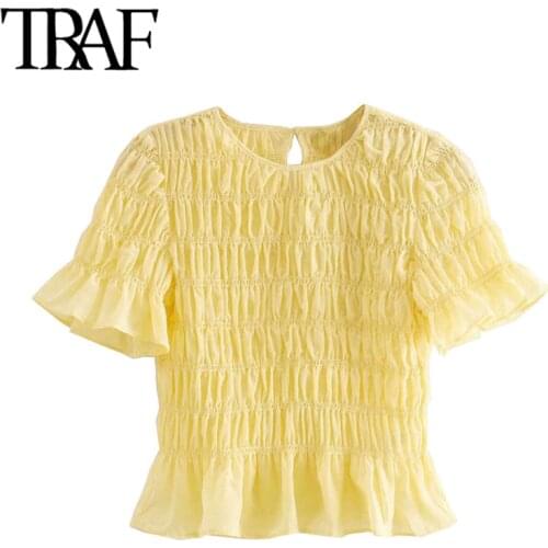 TRAF Women Sweet Fashion Ruffed Pleated Cropped Blouses Vintage O Neck Short Sleeve Female Shirts Chic Tops
