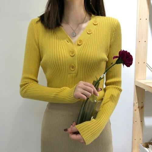 Autumn Winter New Korean Button Decor V-neck Knitted Sweaters Women Elegant Long Sleeve Slim Pullover Knitwear Pull Femme Jumper