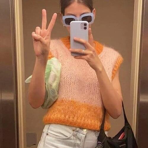 Pink Orange Contrast Color Sweet Sleeveless Vest Spring Korean Version of The Round Neck Loose and Thin Knit Womens Clothing