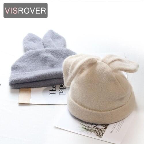 VISROVER 5 colors solid color cute rabbit beanies winter hat for woman best match acrylic woman Autumn Warm skullies gift