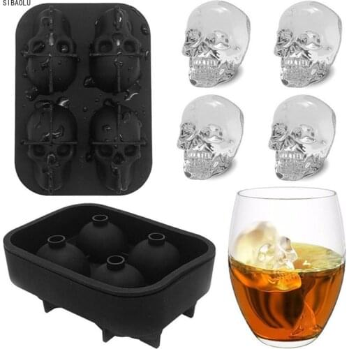 4 Grids 3D Skull Shape Ice Cube Maker Silicone Maker Halloween Skull Shaped Whisky Wine Ice Accessories Kitchen Party Supplies