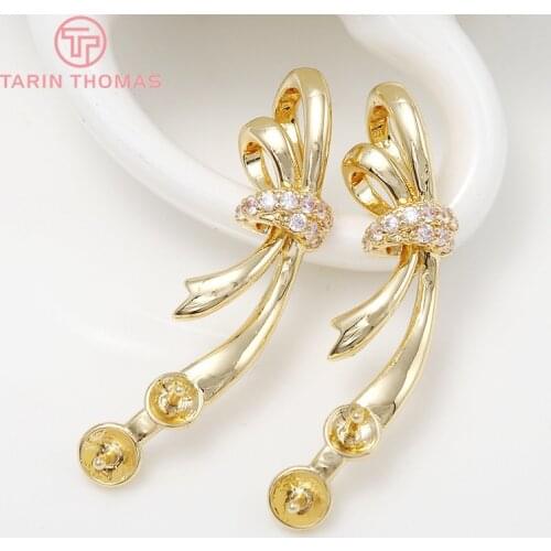 2PCS 10x32MM 24K Gold Color Plated Brass with Zircon Bow Knot with Half Pins Charm Pendants High Quality Diy Jewelry Accessories