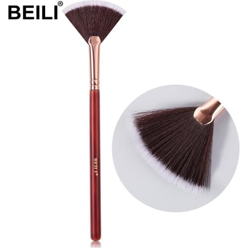 BEILI 2019 new burgundy red make up brushes top goat hair highlight Fan eyebrow blending powder brush set кисти для макияжа