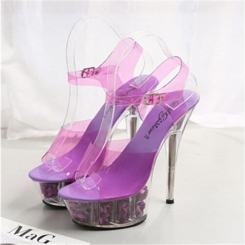 Night club super high heels flower sandals, 15 cm female tube dancing shoes, crystal bottom waterproof platform sandals