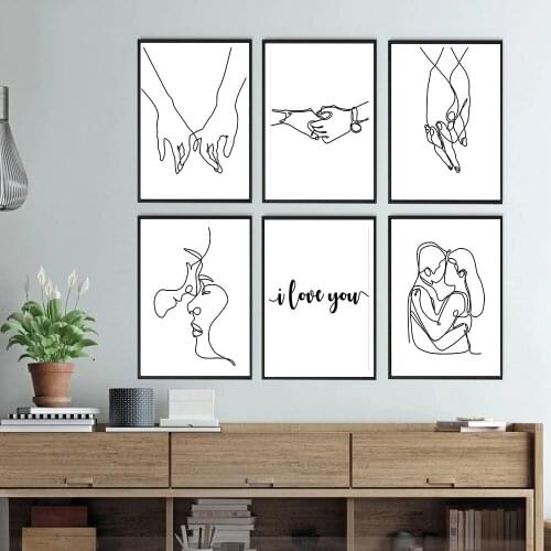 Pinky Swear One Line Drawing Painting Prints Black White Hands Artwork Poster I Love You Quote Minimalist Couple Art Picture