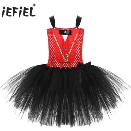 Kid Girl Circus Ringmaster Costumes Off-Shoulder Bowknot Sleeveless Mesh Tutu Dress Children Halloween Cosplay Carnival Dress Up