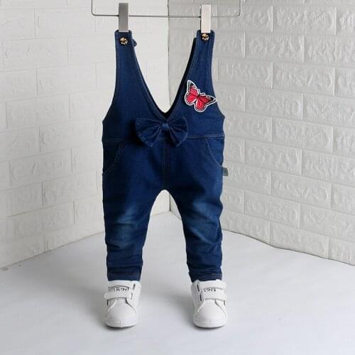 DIIMUU New Fashion Girls Denim Rompers Kids Fashion Cute Princess Suspender Pants Bow Tie Butterfly Patchwork Casual Trousers