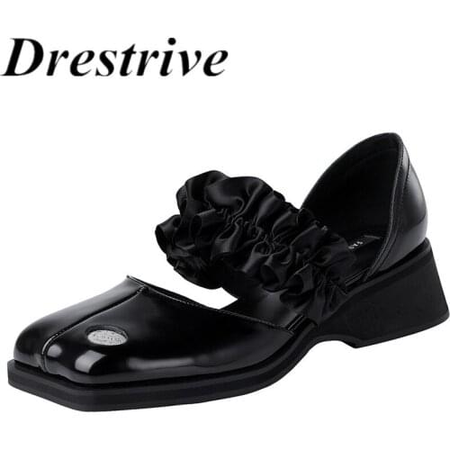 Drestrive Women Pumps Patent Leather Black Square Toe Pleated 2021 Summer Fashion Thick High Heel Shoes Mary Janes Sweet
