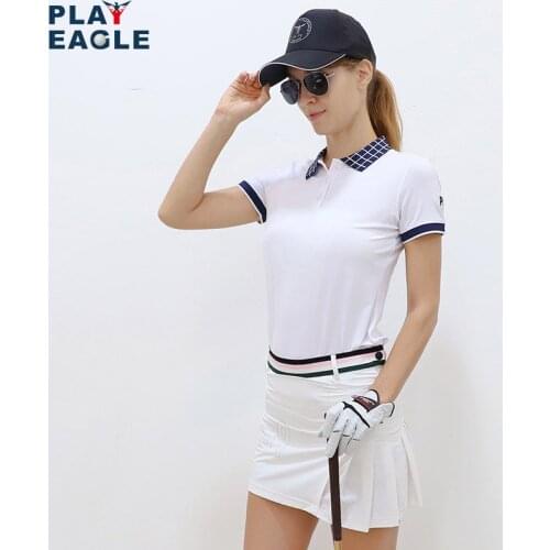 PLAYEAGLE Women Golf Shirts Sports Fabric Stand Collar T- shirt Polyester Slim Short Sleeve Lady Top Clothes