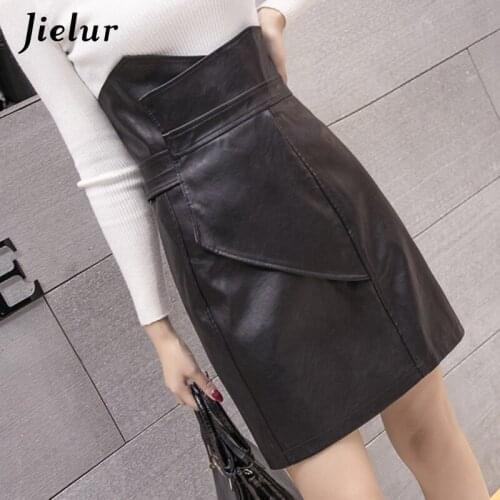 Jielur Fashion Slim High Waist PU Leather Skirt Office Lady Patchwork S-XL Womens Skirt High Street Elegant Sheath Black Skirts