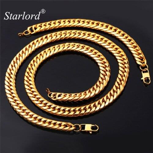 Starlord Cuban/Curb Bracelet Necklace Set Gold Color/Stainless Steel Hip Hop Big Heavy Cool 28'' Chain Mens Jewelry GNH1150