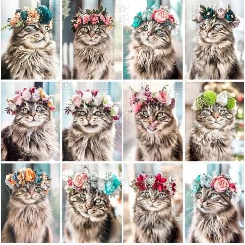 5D Diy Full Square Round Animals and Flower Diamond Embroidery Mosaic Cat Cross Stitch Kit Handmade Gift Rhinestone Home Decor