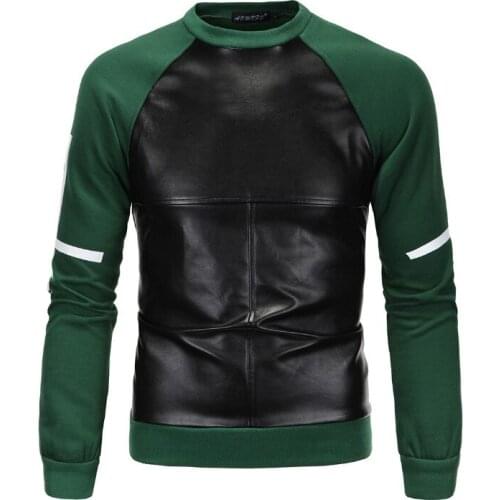 2018 New Fashion Hoodies Sweatshirts Men PU Leather Patchwork Pullovers Autumn Printed Sweatshirts Male Casual Clothing