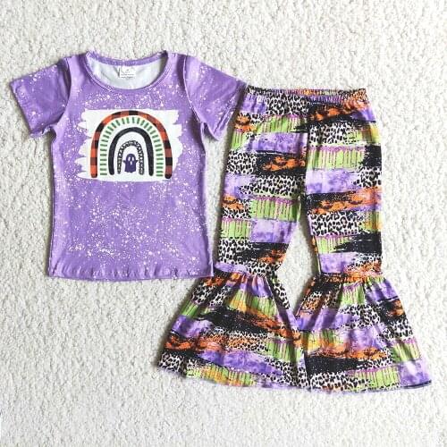 New Arrival Halloween Kids Short Sleeve Outfit O-Neck Design Rainbow Print Shirt Match Flare Pants 2Pieces Set