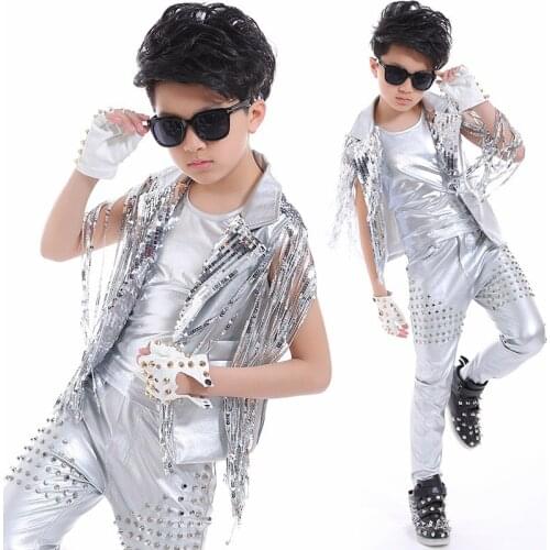 New Jazz Dance Costumes Sequins Tassels Silver Suit Boys Hip Hop Performance Clothing Street Dance Drums Stage Costumes DQS2785