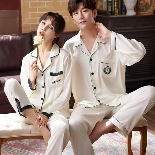 Sexy Lace Trim Couple Long Sleeve Top Pants Sleepwear Summer Silk Nightwear Women Men Pajamas Set Homewear