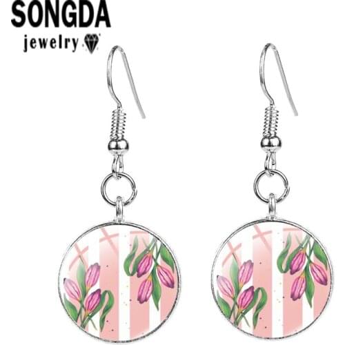 SONGDA Earrings Pink Tulip of Good Wishes Art Patterns Fish Hook Earrings for Ladies Metal Retro Drop Pendants Earrings Jewelry