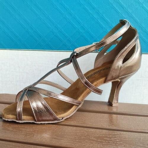 Evkoodance New Party Dancing Shoes Bronze Leather 7cm Mid Heel Latin Salsa Ballroom Shoes Women Dacing Shoes T-bar Shoes Girls
